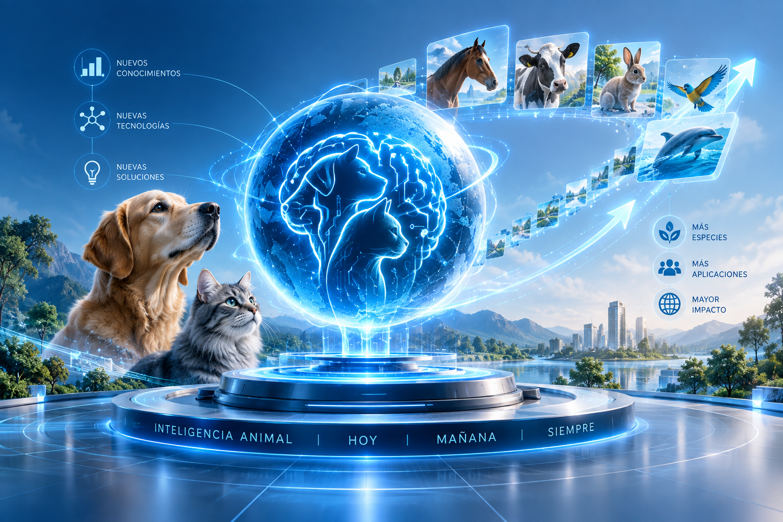 Perros, gato y caballo junto a tortuga, delfín y ave sobre globo terráqueo holográfico con hojas.